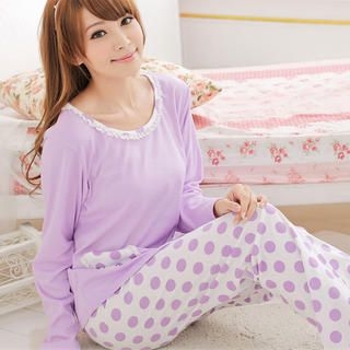 Pajama Set: Pocket-Detail Top + Patterned Pants Pajama Set: Pocket-Detail Top + Patterned Pants