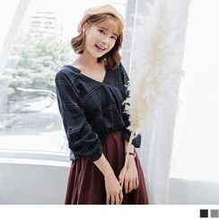 OrangeBear - Elbow Sleeve V-Neck Plaid Top OrangeBear - Elbow Sleeve V-Neck Plaid Top