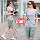Jcstyle - Set: V-Neck T-Shirt + Cuffed Hem Shorts