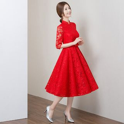 皇家尚品 - 中袖中式領A字蕾絲禮服裙 皇家尚品 - 中袖中式領A字蕾絲禮服裙