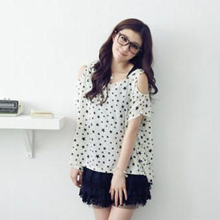 Set: Cut-Away Sleeve Star Print Top + Tank Top
