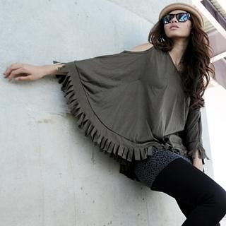 Cut Away-Shoulder Fringed Cape Top Cut Away-Shoulder Fringed Cape Top