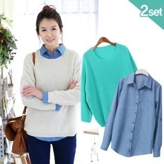 Set: Round Neck Sweater + Long-Sleeve Denim Shirt
