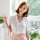 SUVINSHOP - Ruffled Mandarin-Collar Blouse