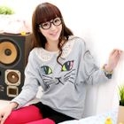 59 Seconds - Crochet Collar Cat Print Top