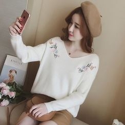 沐乃衣 - V領刺繡羅紋毛衣 沐乃衣 - V領刺繡羅紋毛衣
