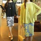 Taam Story - Set: Long-Sleeve Top + Patterned Knit Skirt