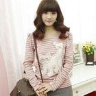 Dodostyle - Cat Appliqué Knit Top with Bow Brooch