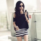 PUFFY - Set: Striped Hooded Tank Dress + Cut-out Shoulder Top