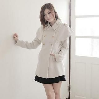 Detachable-Capelet Double-Breasted Coat
