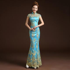 Posh Bride - Embroiderd Cap-Sleeve Mermaid Cheongsam Posh Bride - Embroiderd Cap-Sleeve Mermaid Cheongsam