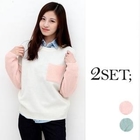 Daily Pink - Set: Color-Block Sweater + Long-Sleeve Denim Shirt