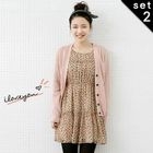lovemark - Set: V-Neck Wool Blend Cardigan + Floral Print Chiffon Dress