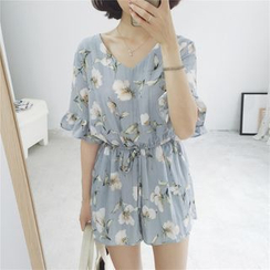 Mikiko - Floral Print Elbow-Sleeve Playsuit Mikiko - Floral Print Elbow-Sleeve Playsuit