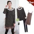 Celli Girl - Set: Polka-Dot Knit Minidress + Lace-Hem Slipdress + Tights