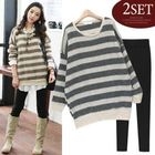 Soneed - Set: Striped Long Knit Top + Skinny Pants