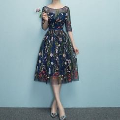 Rosita - Floral Embroidery Elbow-Sleeve Cocktail Dress Rosita - Floral Embroidery Elbow-Sleeve Cocktail Dress