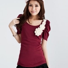 E.F.Shop - Rosette Appliqué Shirred Sleeve Top