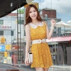 CLICK - Laced Collar Smocked-Waist Chiffon Dress