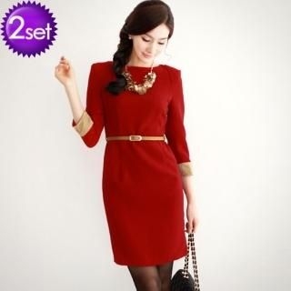 Set: Padded Shoulder 3/4-Sleeve Dress + Belt