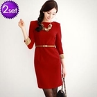 Orange Style - Set: Padded Shoulder 3/4-Sleeve Dress + Belt