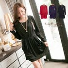 RingBear - Pleated Long Sleeve Dress with Brooch