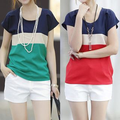 Munhome - Short-Sleeve Color Block Chiffon Top Munhome - Short-Sleeve Color Block Chiffon Top