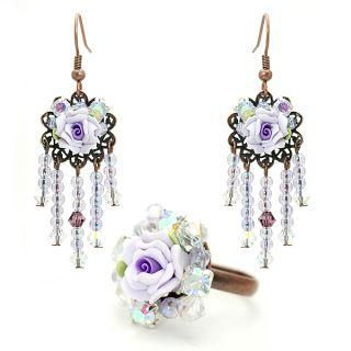 Unique romantic lilac rose ring & earrings set