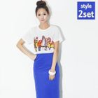 Beccgirl - Set: Bird Print T-Shirt + Elasticized Waist Skirt
