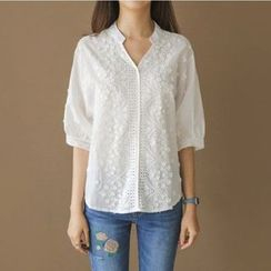 JUSTONE - Puff-Sleeve Eyelet-Lace Blouse JUSTONE - Puff-Sleeve Eyelet-Lace Blouse