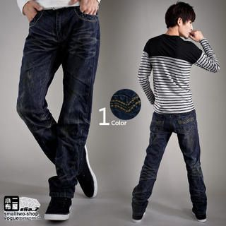 Embroidered-Pocket Washed Straight-Cut Jeans