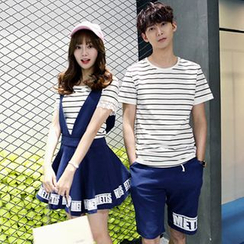 Azure - Couple Matching Stripe T-Shirt / Lettering Jumper Skirt / Lettering Shorts Azure - Couple Matching Stripe T-Shirt / Lettering Jumper Skirt / Lettering Shorts