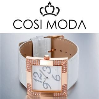 Stainless Steel Genuine Leather Strap Watch with Cubic Zirconia Stainless Steel Genuine Leather Strap Watch with Cubic Zirconia