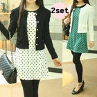 Taam Story - Set: Bow Accent Cardigan + Polka Dot A-Line Dress