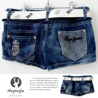 Striped-Pocket Denim Shorts with Belt