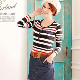 Striped-Panel Denim Dress With Woven-Belt Striped-Panel Denim Dress With Woven-Belt