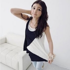 D.P-Shop - Set: Asymmetric-Hem Color-Block Chiffon Tank Top+Plain Tank Top