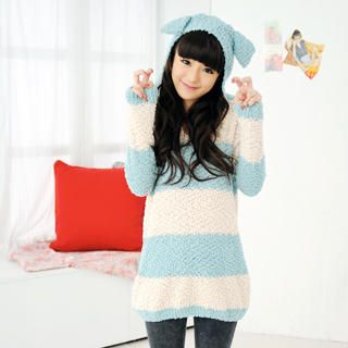 Ear Accent Stripe Nubby Knit Top