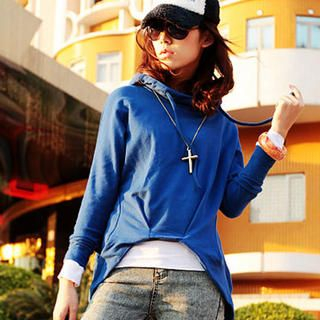 Diagonal-Hem Hooded Pullover