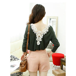 Dodostyle - Long-Sleeved Crochet Trim-Back Top Dodostyle - Long-Sleeved Crochet Trim-Back Top