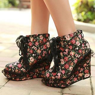 Lace-Trim Floral Wedge Boots