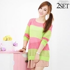 Soneed - Set: Color-Block Pointelle-Knit Top + Tie-Waist Skort