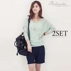 Stylementor - Set: V-Neck Knit Top + Cuffed Hem Shorts
