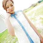CatWorld - Denim-Panel Sleeveless Lace Shirt