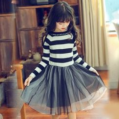 Cuckoo - Kids Set : Open Shoulder Stripe Long-Sleeve T-shirt + Mesh Tulle Mini Skirt Cuckoo - Kids Set : Open Shoulder Stripe Long-Sleeve T-shirt + Mesh Tulle Mini Skirt