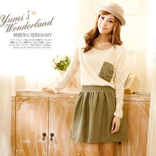 Lace-Panel Long-Sleeve Linen Dress