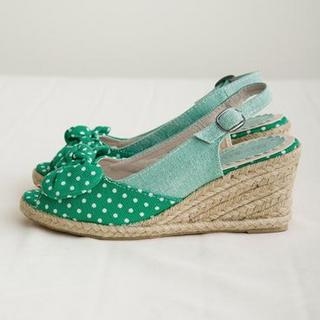 Dotted Bow-Accent Open-Toe Wedges