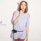 CatWorld - Cutout-Shoulder Belted Long Top