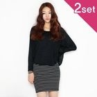 HARU - Set: Boatneck Dolman Sleeve Top + Striped Tank Dress