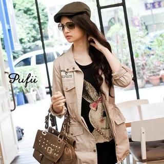 PUFII - Badge-Accent Stand-Collar Drawstring Windbreaker PUFII - Badge-Accent Stand-Collar Drawstring Windbreaker